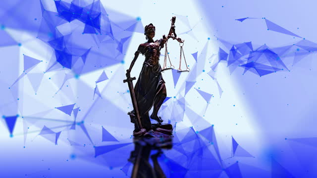 Statue of justice, Law concept, Temida - Themis. plexus particles around the statue, 4k.
