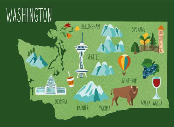 Hand drawn illustrated map of Washington State, USA. Concept of travel to the United States. Colorfed vector illustartion. State symbols on the map. Hand drawn illustrated map of Washington State, USA. Concept of travel to the USA. Colorfed vector illustartion. State symbols on the map. famous american landmark drawing stock illustrations