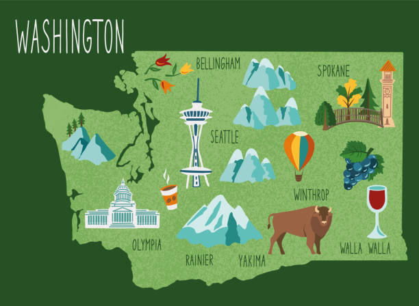 hand drawn illustrated map of washington state, usa. concept of travel to the united states. colorfed vector illustartion. state symbols on the map. - bellingham 幅插畫檔、美工圖案、卡通及圖標