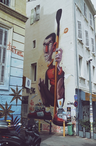 graffiti on a corner in the center of Marseille in France, on April 19, 2019