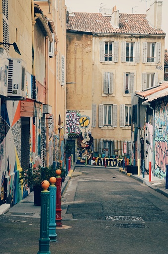 street full of graffiti in the center of Marseille in France, on April 19, 2019