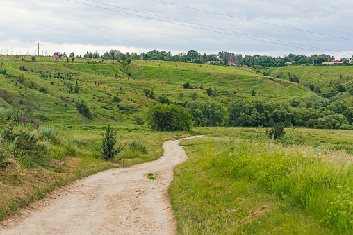 Country road running between fields, on one side by a sunflower field and hills, summer hot day, background