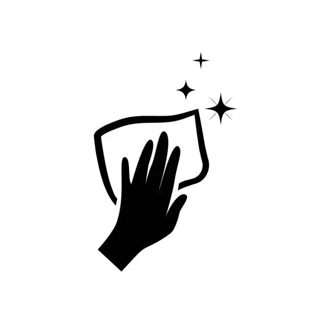 Vector illustration of woman's hand holds a cleaning napkin. Icon vector illustration for care instructions.