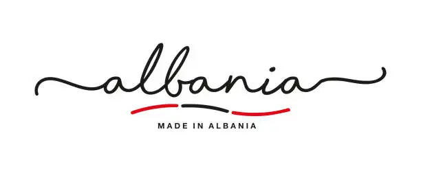 Vector illustration of Made in Albania handwritten calligraphic lettering logo sticker flag ribbon banner