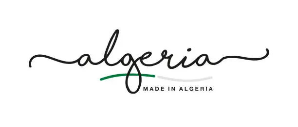 Vector illustration of Made in Algeria handwritten calligraphic lettering logo sticker flag ribbon banner
