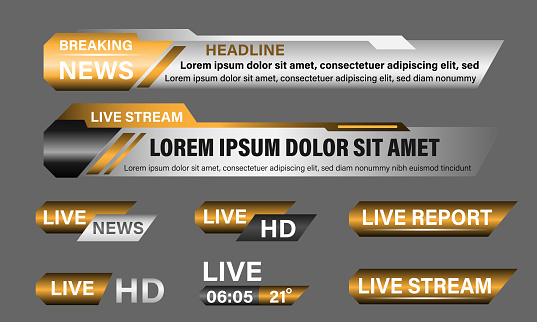 Broadcast News Lower Thirds Template layout gold grey set collection design banner for bar Headline news title, sport game in Television, Video and Media Channel vector illustration.