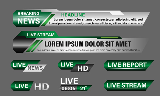 Broadcast News Lower Thirds Template layout green grey set collection design banner for bar Headline news title, sport game in Television, Video and Media Channel vector illustration.