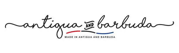 Vector illustration of Made in Antigua and Barbuda handwritten calligraphic lettering logo sticker flag ribbon banner