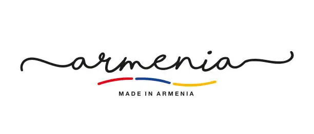 Vector illustration of Made in Armenia handwritten calligraphic lettering logo sticker flag ribbon banner