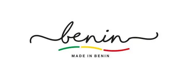 Vector illustration of Made in Benin handwritten calligraphic lettering logo sticker flag ribbon banner