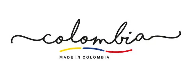 Vector illustration of Made in Colombia handwritten calligraphic lettering logo sticker flag ribbon banner