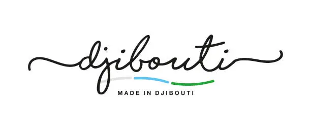 Vector illustration of Made in Djibouti handwritten calligraphic lettering logo sticker flag ribbon banner