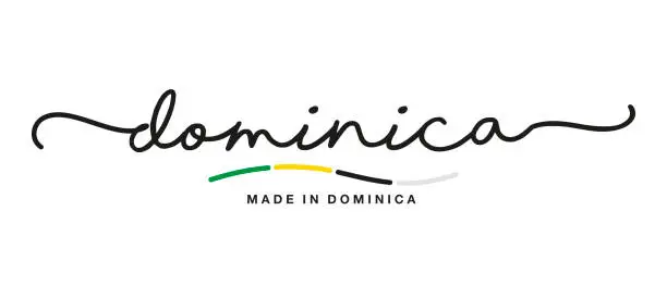 Vector illustration of Made in Dominica handwritten calligraphic lettering logo sticker flag ribbon banner