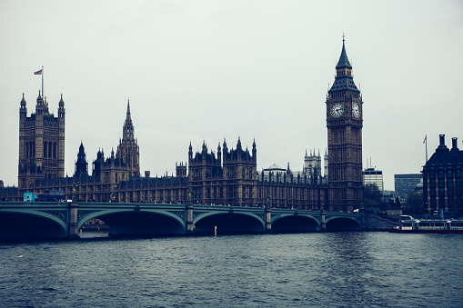 Black and white aerial cityscape  with houses of Parliament , Big Ben and  Westminster Abbey. London,UK