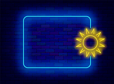 Summer party neon advertising. Season holiday. Empty blue frame with sun. Beach club greeting card. Sunflower sign. Space for text. Bright flyer. Glowing poster. Editable stroke. Vector illustration