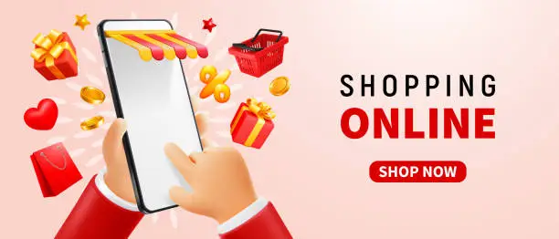 Vector illustration of Shopping Online From Smartphone 3d Illustration