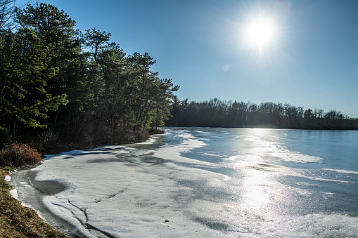 The frozen Mountaintop Lake in Emerald Lakes, a private community in the Pocono Mountains of Pennsylvania.
