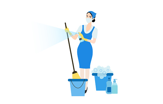 Cleaning service woman holding mop and supplies bucket cleaning floor. Hygiene cleaning vector illustration