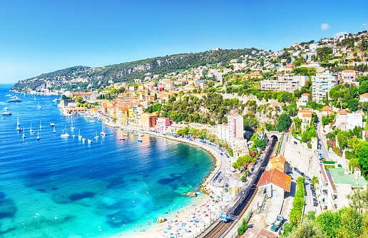 Plage des Marinieres beach in the Villefranche-sur-Mer town on the French Riviera, France
