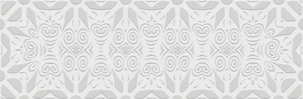 Vector illustration of Banner, tribal ornamental cover design. Relief geometric ethnic 3D pattern on a white background. Vintage art, exoticism of the East, Asia, India, Mexico, Aztec.