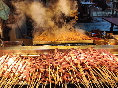 Skewers stall at famous Dongmen Ding Food City, a famous food street in Luohu district of Shenzhen, Guangdong.