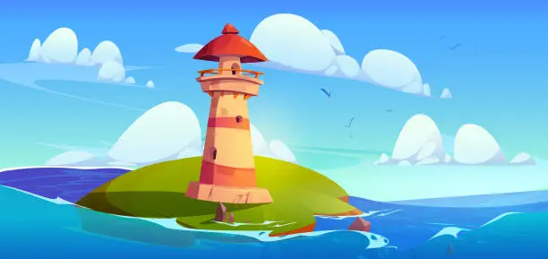 Vector illustration of Old lighthouse on green island in sea