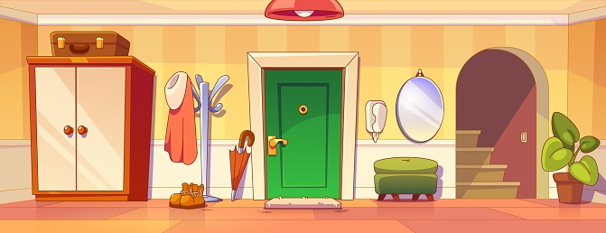 House hallway interior with entrance door, arch with up stairs, furniture and accessories. Cartoon vector home corridor hall inside view with closet and hanger, pouf and mirror, clothes and shoes.