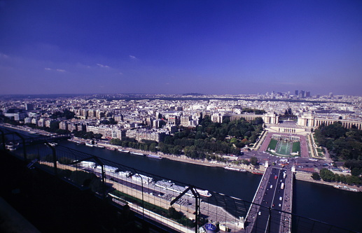 Look at views of Paris cityscape from the Eiffel Tower in France during 1990s