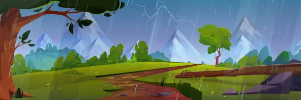 Vector illustration of Rainy weather in mountain valley with footpath