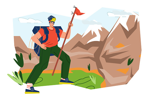 Mountain tourism activities and hiking banner template, flat vector illustration on white. Mountain hiking, camping and outdoor adventure.
