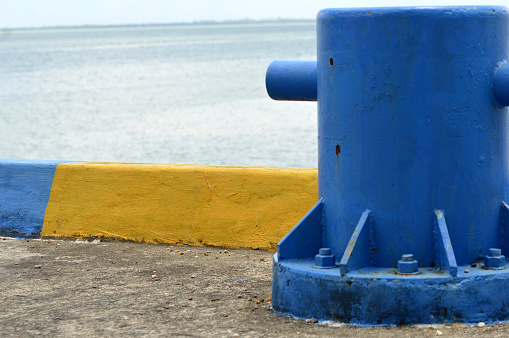 blue mooring bollard  on seaport