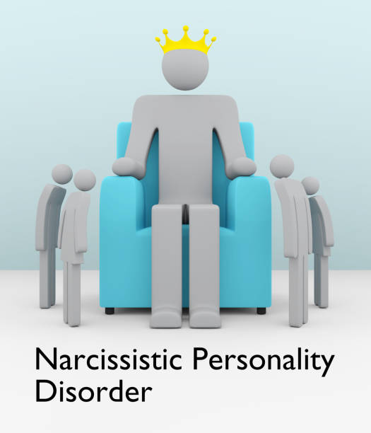 Narcissistic Personality Disorder concept 3D illustration of a man silhouette sitting in an arm chair and wearing a golden crown, surrounded by symbolically small siluettes bowing. national democratic party of germany stock pictures, royalty-free photos & images