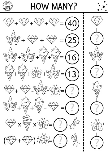 Fairytale black and white how many crystals game, equation or rebus. Unicorn line math activity. Magic world printable counting worksheet or coloring page for kids with ice cream, butterfly, horn