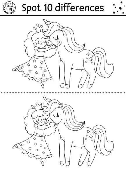 Vector illustration of Unicorn black and white find differences game for children. Fairytale line activity with fairy girl hugging horse. Cute puzzle for kids with fantasy characters. Printable worksheet, coloring page