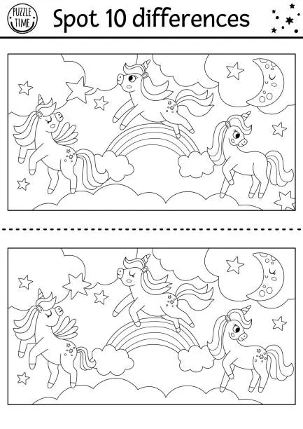 Vector illustration of Black and white find differences game for children with unicorns. Fairytale line activity with horse with horn, rainbow, magic landscape background. Coloring puzzle for kids with fantasy character