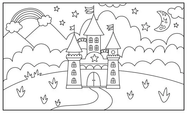 Vector illustration of Vector black and white horizontal background with unicorn castle, field, clouds, rainbow. Fantasy world scene with palace, towers. Fairytale line landscape coloring page. Kingdom illustration for kids