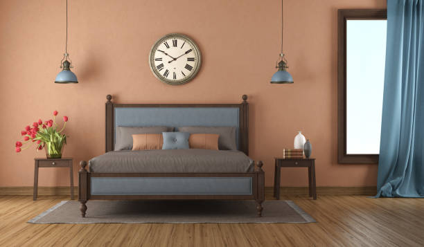 istock Classic style bedroom with large bed, and a vintage wall clock 2073195172