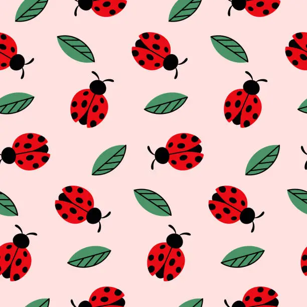 Vector illustration of Seamless pattern ladybug flat style and leaves on pink background.