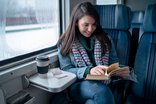 Young woman traveling by train