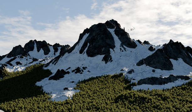 high, snow-capped mountain surrounded by forests - 3d illustration