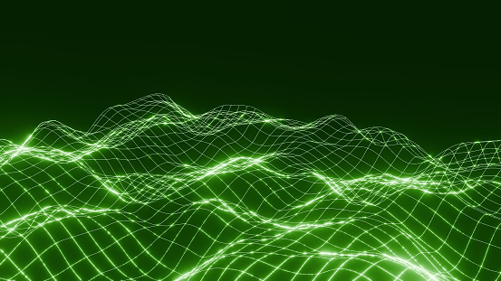 Abstract green background with grid of lines, waves and sparks geometric animation motion graphics. Vibrant neon glowing colors. Technology, science digital futuristic concept. 3d rendered texture.
