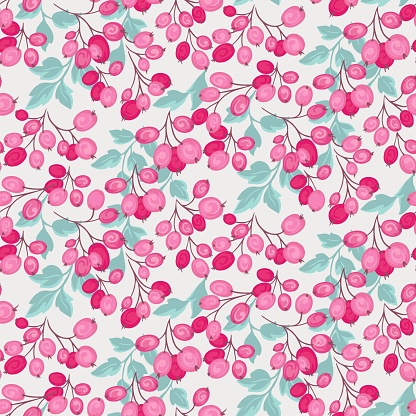Abstract artistic branches with pink shapes berries, leaves seamless pattern. Botanical creative juniper, boxwood, viburnum, barberry illustration printing. Vector hand drawn. Collage for designs,