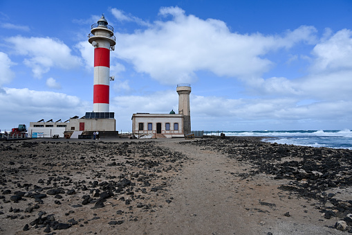 El Cotillo, Fuerteventura, Spain, February 24, 2024 - The Faro del Toston lighthouse on the northwest coast of Fuerteventura