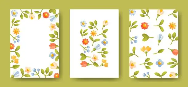 Vector illustration of Beautiful floral templates for banners, posters, cards, invitations. Set of three templates. Floral frame with empty space for text, floral composition, floral background.Print design, brochure, flyer