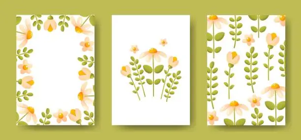 Vector illustration of Beautiful floral templates for banners, posters, cards, invitations. Set of three templates. Floral frame with empty space for text, floral composition, floral background.Print design, brochure, flyer