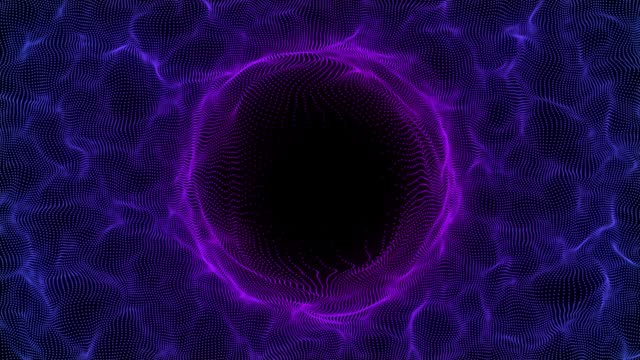 Abstract blue sphere in the wave on black background. Wormhole or speed tunnel technology. Wireframe circle structure with glowing particles. Futuristic digital illustration. 3D rendering.