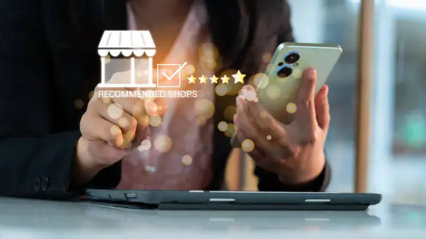 Photo of Customer Satisfaction Survey concept, 5-star satisfaction, Users Rate Service Experiences On shops Online Application, Customers Can Evaluate Quality Of Service Leading To Recommended shops Rating.