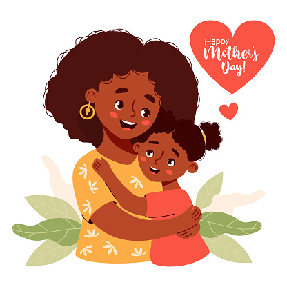 Cute happy ethnic black woman mother with her daughter. Happy Mother's Day card. Vector illustration in flat cartoon style.