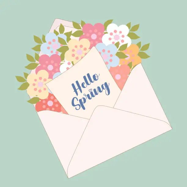 Vector illustration of Envelopes with flowers, floral bouquets inside envelope.