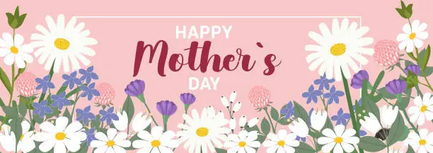 Vector illustration of Mother s day banner with flowers, greeting card template